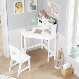 Kids Desk, Kids Corner Desk and Chair Set, Children Study Table with Storage and Hutch for Home School Use, White