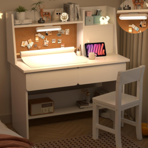 Kids Study Desk with 3-Color Lights, White Desk and Chair Set for 5-12 Year Old, Drawing Desk with Wooden Tabletop Paper Roll Dispenser, Study Table with Drawers and Storage Shelf-